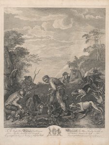 Et sæt på syv, uden titel, hver dedikeret: Til den rigtige ærede. Thomas Lord Viscount Weymouth ... fra det originale maleri i Long Leat Hall. [Tre mænd, der graver en ræves jord ud, ivrigt overvåget af hunde...]