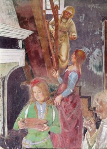 Ung tjener, der holder en tallerken, detalje af St. Benedict, der modtager gæstfrihed, fra St. Benedicts liv, 1497-98 (detaljer fra 164410)