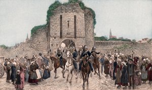 Kavaleri forlader en bretonsk by (fotogravure i farve)