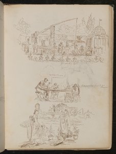 En have- og vaskeriscene med kvindelige figurer påskrevet "Genuese Well", og en undersøgelse af fire figurer påskrevet "Manentis familie til middag"
