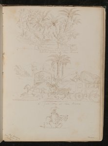 "En palmelund ved San Remo", en hestevogn foran "en port ved San Remo", en kvindeskikkelse til hest" af Lady Butler
