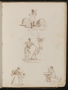 "English Peasant", "en Genoese Peasant", undersøgelse af figurer i værtshuse påskrevet "Battista" og "Bile", sted og dato "20. juni" af Lady Butler