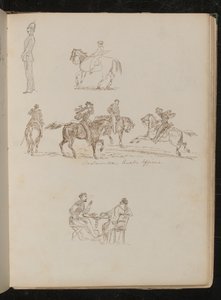 Soldat i fuld uniform, studier af en ung med fiskestang til hest, fire mænd til hest påskrevet "Piemontesiske kavaleriofficerer" af Lady Butler