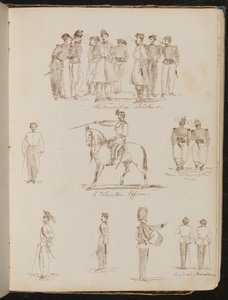 Undersøgelser af otte soldater indskrevet "Piemontesiske soldater", "en frivillig officer", to "franske soldater ved linjen" af Lady Butler