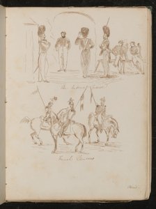 Undersøgelser af soldater påskrevet "Imperial Guards", soldater med flag på hesteryg påskrevet "Franske Lancers" af Lady Butler