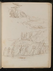 Studie af en kloster-"Procession" i et kystlandskab af Lady Butler