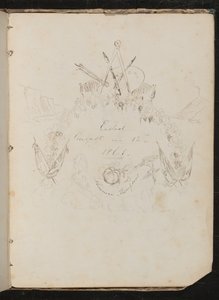 Studie af kunstnerens materialer, sommerfugle, blomster, flag, klippeflade og guirlande i våbenskjoldformation omkring inskriptionen "Afsluttet 12. august 1861" af Lady Butler