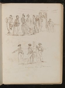 Studie af otte soldater stående i et indre, studie af tre sardinske soldater af Lady Butler