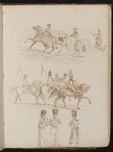Studie af to kvinder og en mand, der rider i bakket landskab, studie af soldater til hest, studie af tre garder i samtale