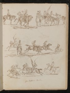 Tre undersøgelser af soldater på hesteryg indskrevet "Garibaldian Cavalry" af Lady Butler