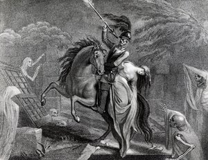 Lenore rider med døden, illustration til digtet Lenore af Gottfried Augustus Burger (1747-1794), tegning af Diana Beauclerk (1734-1808) til 1796-udgaven udgivet af Harding Pall Mall af Lady Diana Beauclerk