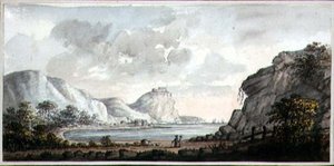 Landskab med to figurer med udsigt over en bugt, ca. 1825 (akvarel på papir) af Lady Egerton