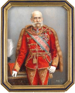 Portræt af Francois Joseph I af Østrig (1830-1916), i ungarsk uniform. Værk af Lajos Osko (1865-1922), akvarel og gouache på horn. Ungarsk kunst, akademisk kunst. Privat samling. af Lajos Osko