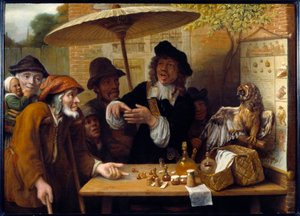 Charlatanen. Rejsende diskuterer boniments for at sælge stoffer på den offentlige plads. Maleri af Lambert Doomer (1623-1700)