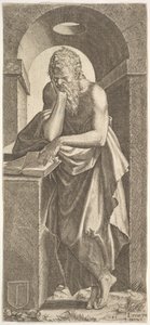 St. Simon stående foran en åben bog med fingrene på sin venstre hånd presset på ..., 1545.