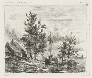 Flodlandskab med sejlskib og gård