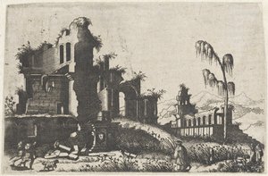 Landschap met bekrövde ruïnes en rejsende Tegninger af ruiner af forskellige fabrikater meget nyttige for malere og andre kunstnere af den slags (serietitel)