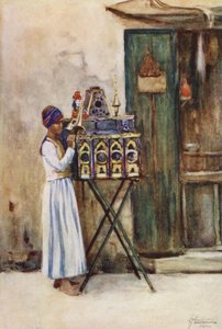 Folk i Egypten: Peep-Show Man, Beta Sanduk el Dunia (farvelitografi) af Lance Thackeray