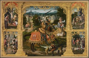 Legend of St. George (olie på panel) af Lancelot (school of) Blondeel