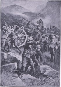 En pistol væltet på en bjergskråning, fra After Pretoria: The Guerilla War udgivet af Harmsworth Bros Limited, 1901 af Lancelot Speed
