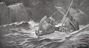 Træskibet blev fanget i en storm, og munkene kom det til undsætning i små både (litografi) af Lancelot Speed