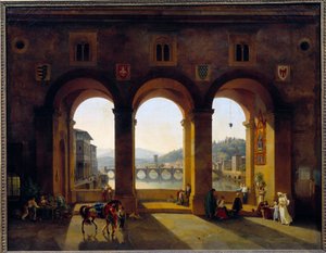 Udsigt over Firenze Ponte Vecchio. Maleri af Theodore Turpin De Crisse (1782-1859)