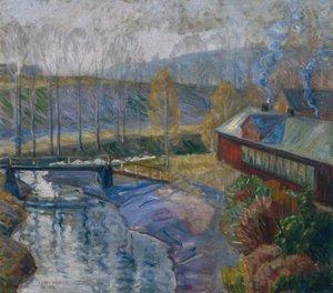 Landskab med hus og flod