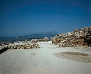 Megaron fra det kongelige palads: stedet for den antikke by Mykenes på Peloponnes (1500-1100 f.Kr.) Grækenland
