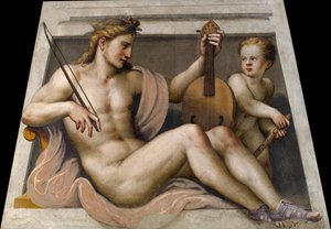 Apollon med Amor par Gambara, Lactantius (ca. 1530-1574). Fresco, størrelse: 155,5x109,, Tosio Martinengo Art Gallery, Brescia