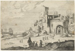 En gruppe kvinder nærmer sig en bygning Landskaber med gamle romerske bygninger (serietitel)