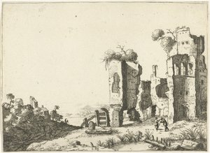 Mand lænet på en pind foran en ruin Landskaber med gamle romerske bygninger (serietitel)