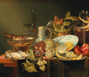 Stilleben med frugt, en kinesisk porcelænsskål og en fisk på et komfur