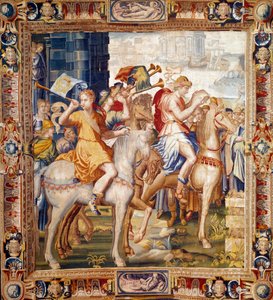 Herauts ridning. Gardin fra Artemises historie. Uld og silketæppe fremstillet af Laurent Guyot (1756-1806) og Henri Lerambert (ca. 1540/1550-1608) på værkstederne i faubourg Saint Marcel (1601-vers1670). 1600-tallets Paris, nationale møbler