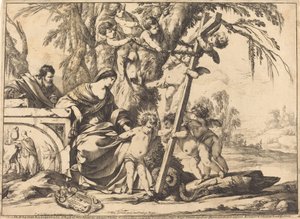 Hellig familie med engle og korset, knuser en slange af Laurent de la Hyre
