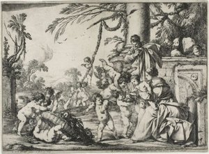 Den hellige familie med Putti af Laurent de la Hyre