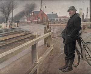 Venter på toget. Overkørsel ved Roskilde Hovedvej, 1914. af Laurits Andersen Ring