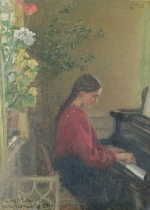 Yvonne kunstnerens datter spiller klaver, ca. 1905 (olie på lærred)