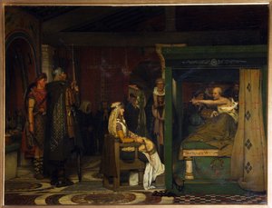 Fredegund (ca. 545-597), Dronning af Neustrien, besøger biskop Pretextat af Rouen (død 586) på sit dødsleje (Fredegund besøger biskop Praetextatus på sit dødsleje) - Maleri af Sir Lawrence Alma-Tadema (Alma Tadema) (1836-1912) , olie på træ af Lawrence Alma Tadema