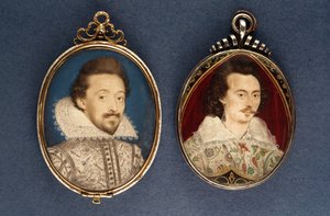 Til venstre: Portræt af en ung mand af Lawrence Hilliard, ca. 1620. Til højre: Portræt af en ung mand af Nicholas Hilliard (1547-1619), ca. 1585