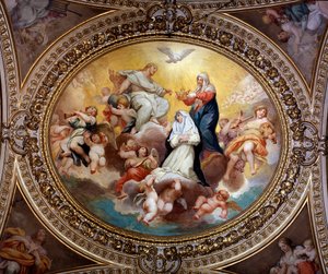Den hellige jomfru kroner Sankt Rose af Lima med Jesus og Helligånden (maleri