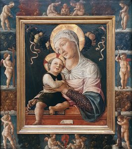 Tysk: Maria med barnet, i bemalet ramme med keruber Madonna og barn
