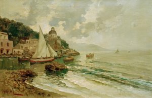 Sommerlig Adriaterhavskyst med fiskerbåde af Lazzaro Pasini