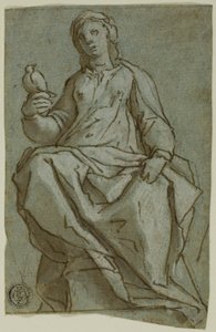 Siddende kvindefigur (Saint Scholastica?) Holder en due