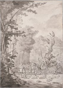 En jagtfest i Marly, slutningen af det 17. eller begyndelsen af det 18. århundrede. af Le Vieux Jean Baptiste Martin
