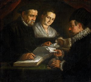 Pengeveksleren Orazio Lago, hans kone og en klient - Pengeveksleren Orazio Lago, hans kone og en klient - Leandro Bassano (1557-1622). Olie på lærred, ca. 1600. Mål: 93x101 cm. Kunsthistorisk Museum, Wien af Leandro da Ponte Bassano