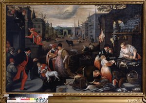 ""Le mois de fevrier"" (februar) Vandrescene ved karnevalstid. Fiskens tegn symbol på himlen. Maleri af Leandro Bassano da Ponte (1557-1622) 1595-1600 Dim. 144x190 cm Statens kunstmuseum Tula Rusland af Leandro da Ponte Bassano