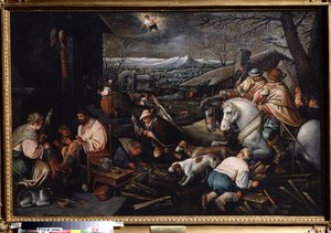 ""Januar måned"" (januar) Jægere, kvinder, der spinder uld. Vandmanden symbol på himlen. Maleri af Leandro Bassano da Ponte (1557-1622) Mål 146 x 192 cm Statens kunstmuseum Tula Rusland