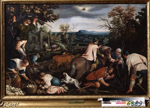 ""Oktober måned"" (oktober) Arbejde i markerne. Landmænd planter træer. Symbol på skorpionens tegn på himlen. Maleri af Leandro Bassano da Ponte (1557-1622) 1595-1600 Statens kunstmuseum Tula Rusland