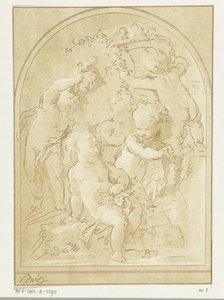 Fem putti med blomster og guirlander ved vase af Leendert Brasser