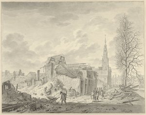 Udsigt over Rapenburg i Leiden efter krudtkatastrofen den 12. januar 1807 af Leendert Overbeek
